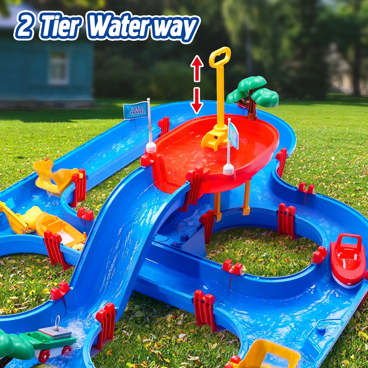 2-Tier Kids Water Table – 100PCS DIY Waterways Playset with Pump for Backyard, Beach & Poolside Summer Fun