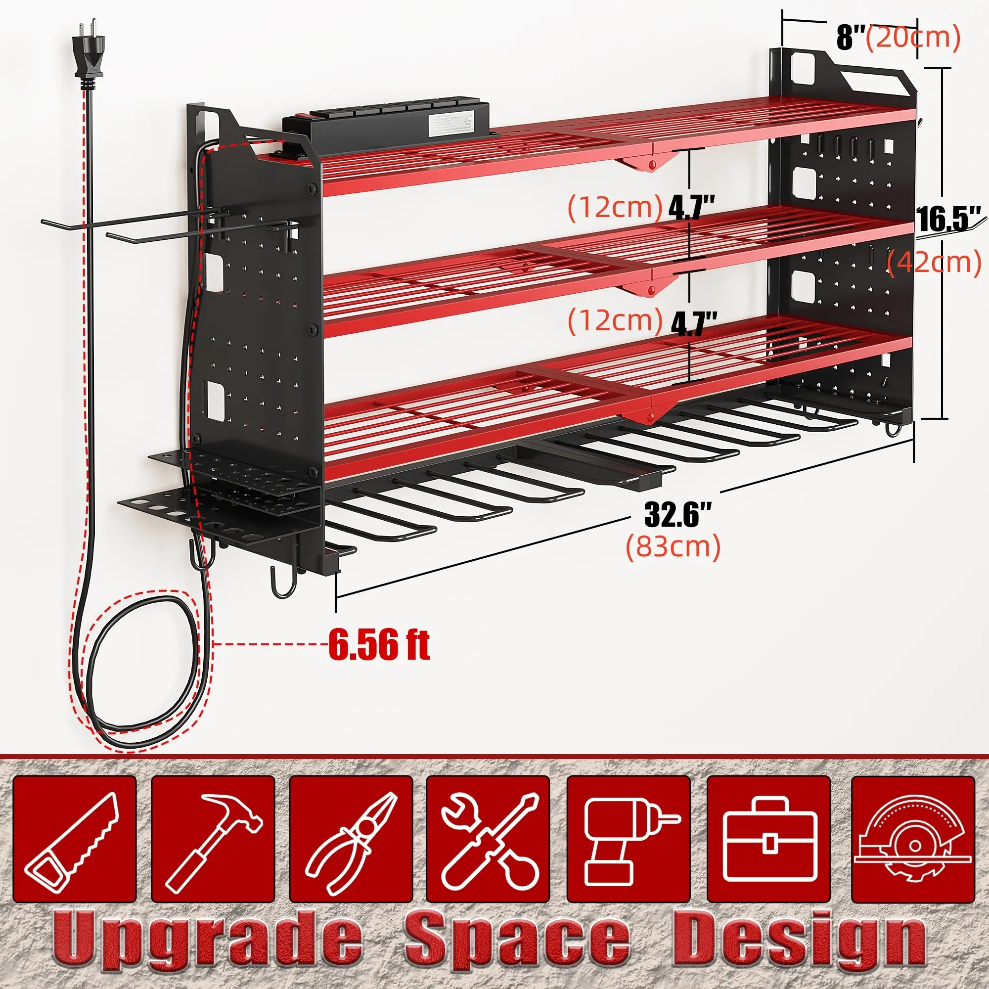 Tool Rack Organizer Wall Mount with 8 Drill Holders 4 Layers Large Capacity Rack for Garage Heavy Duty Sturdy Construction Easy Assembly