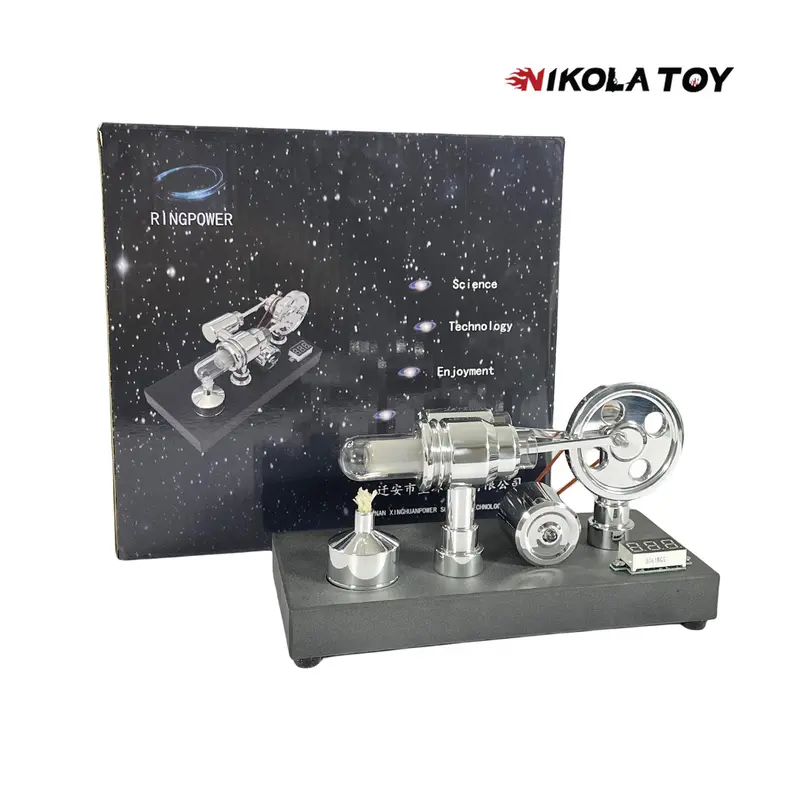Mirror polished Stirling engine with embedded voltmeter and USB plug