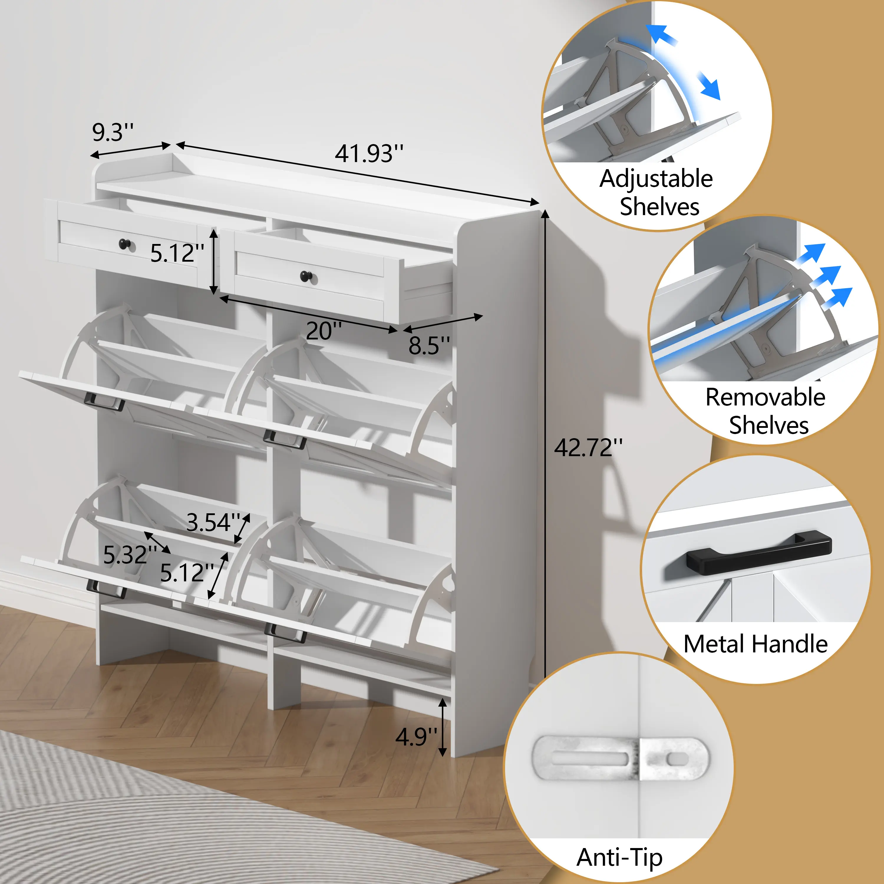Shoe Storage Cabinet for Entryway, Farmhouse Wide Shoe Cabinet with 4 Flip Drawers and 2 Top Drawers, Freestanding Organizer with Adjustable Shelves, Hooks