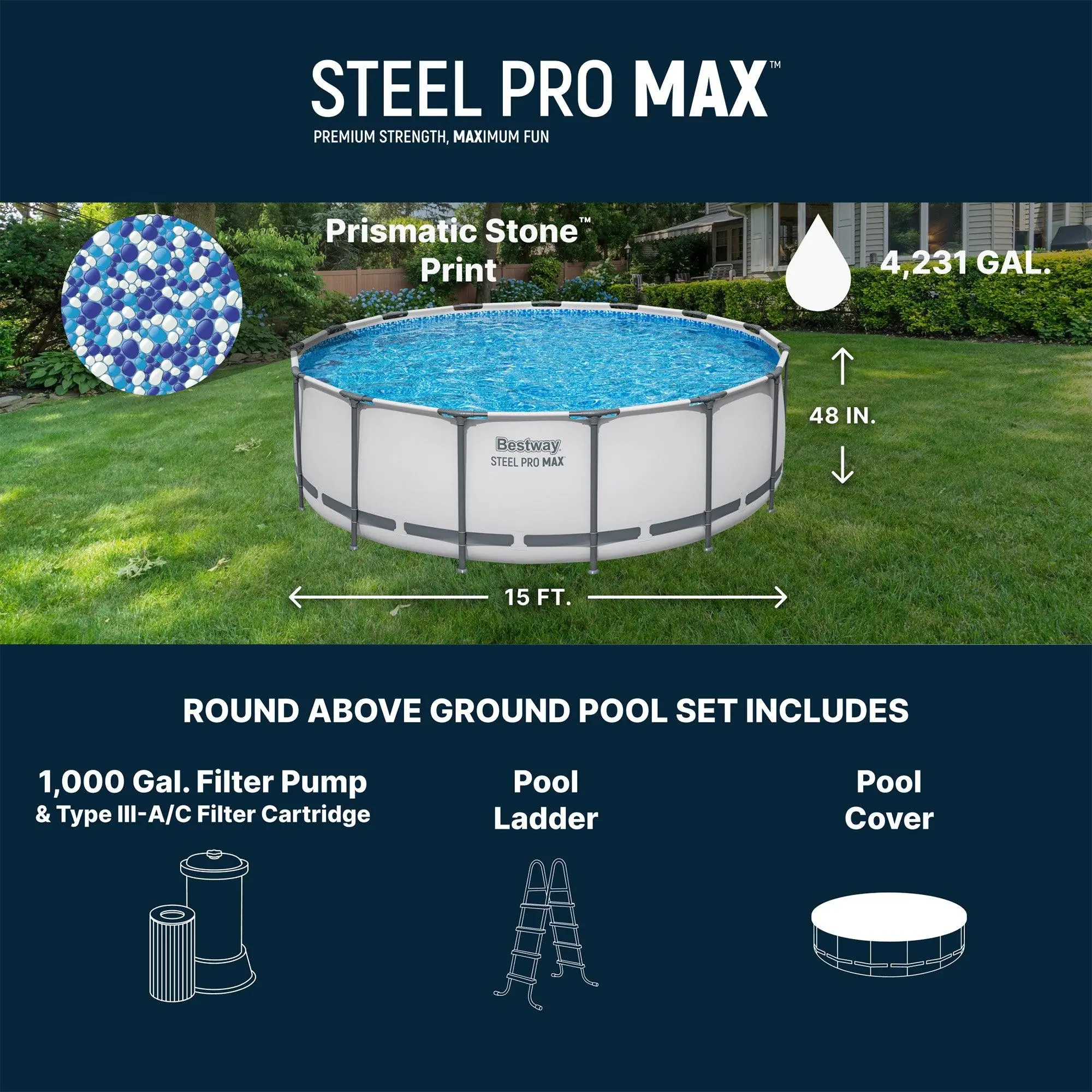 Steel Frame Above Ground Pool Set – Round Pool with Filter Pump, Ladder & Cover