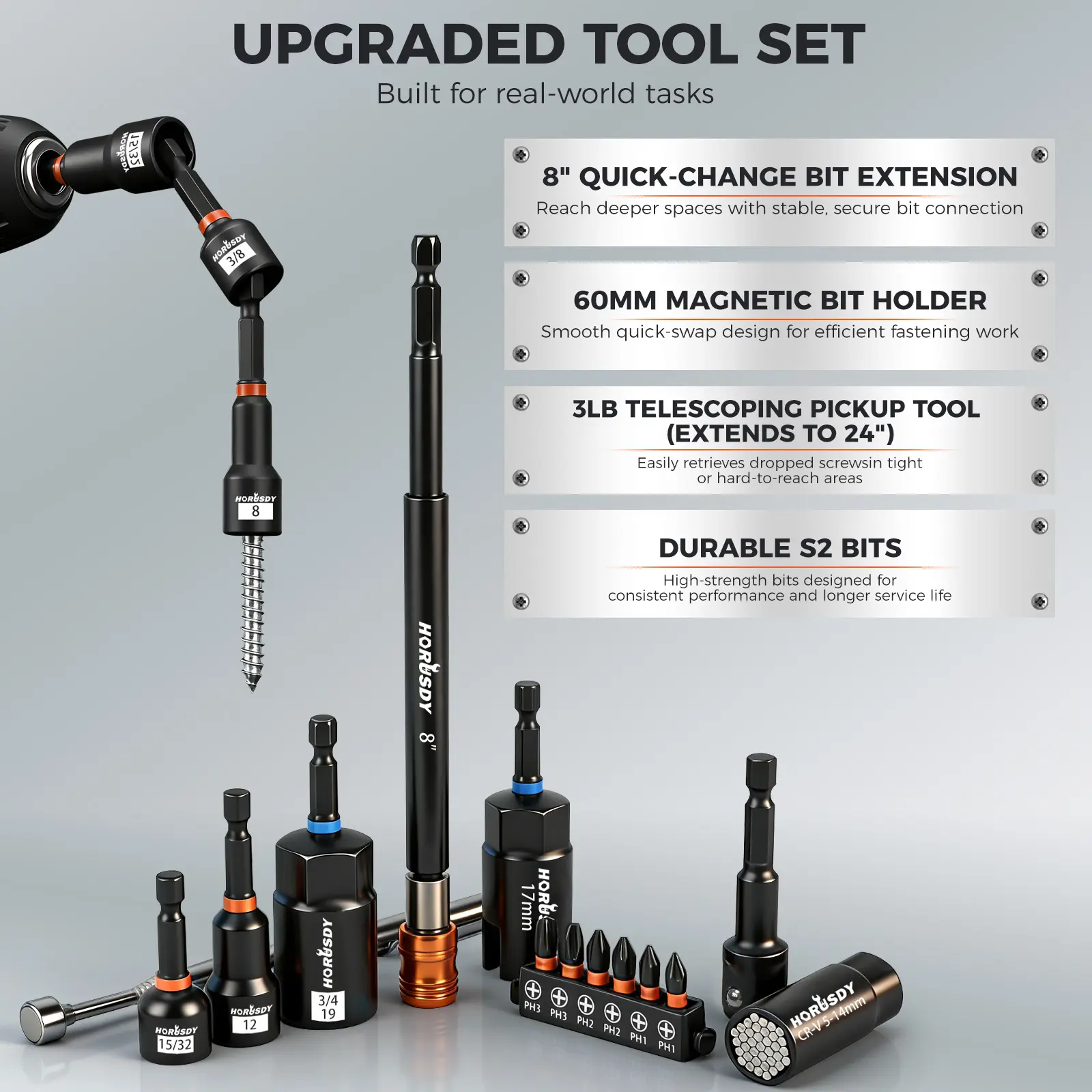 Upgraded 79-Piece Magnetic Impact Nut Driver Set, Metric & SAE with 3LB Magnetic Pickup Tool, Socket Adapters, Wing Nut Driver, Universal Sockets, Quick-Change Bit Holder & Extensions, Power Bits