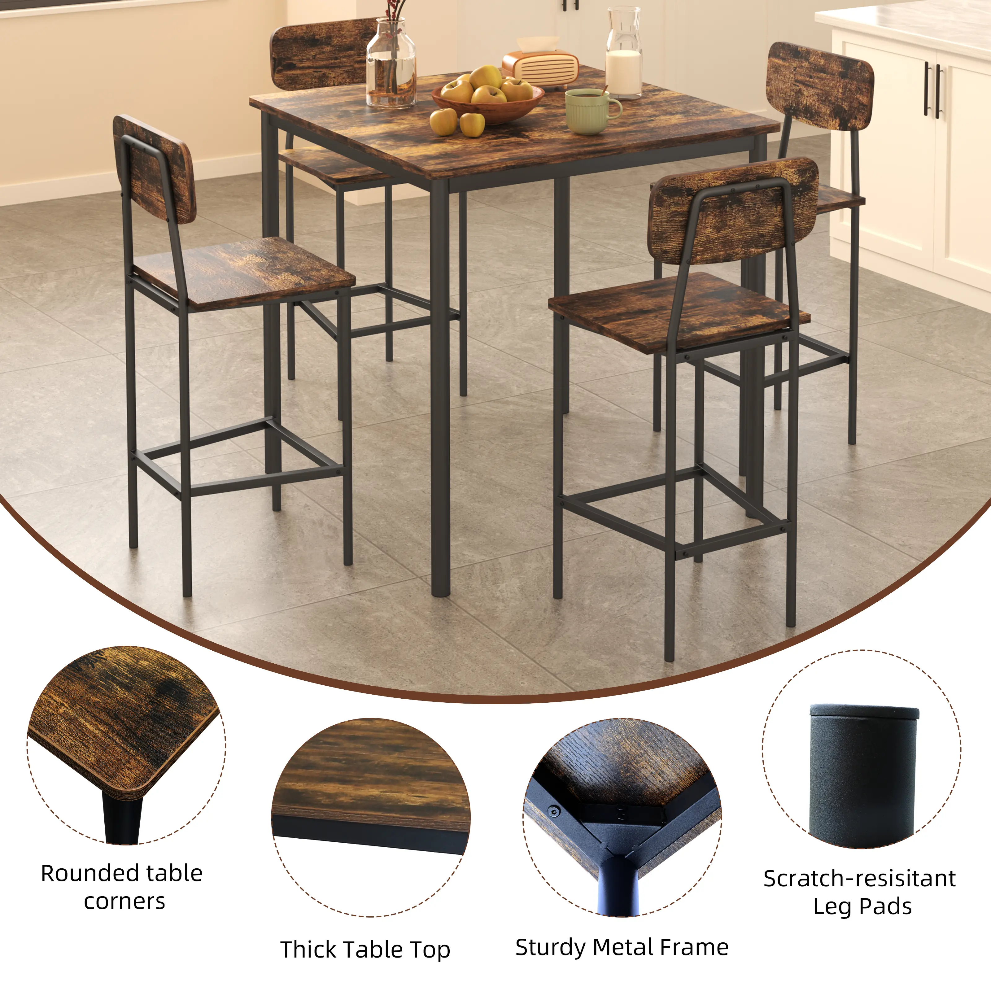 Dining Table Set for 4 – Space-Saving Retro Kitchen Table & Chair Set with Durable Metal Frame