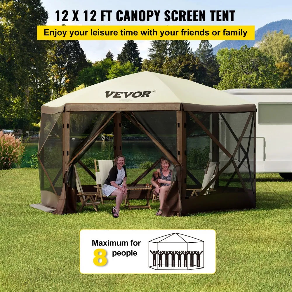 Special Offer Camping Gazebo Screen Tent, 12*12ft, 6 Sided Pop-up Canopy Shelter Tent with Mesh Windows, Portable Carry Bag, Stakes, Large Shade Tents for Outdoor Camping