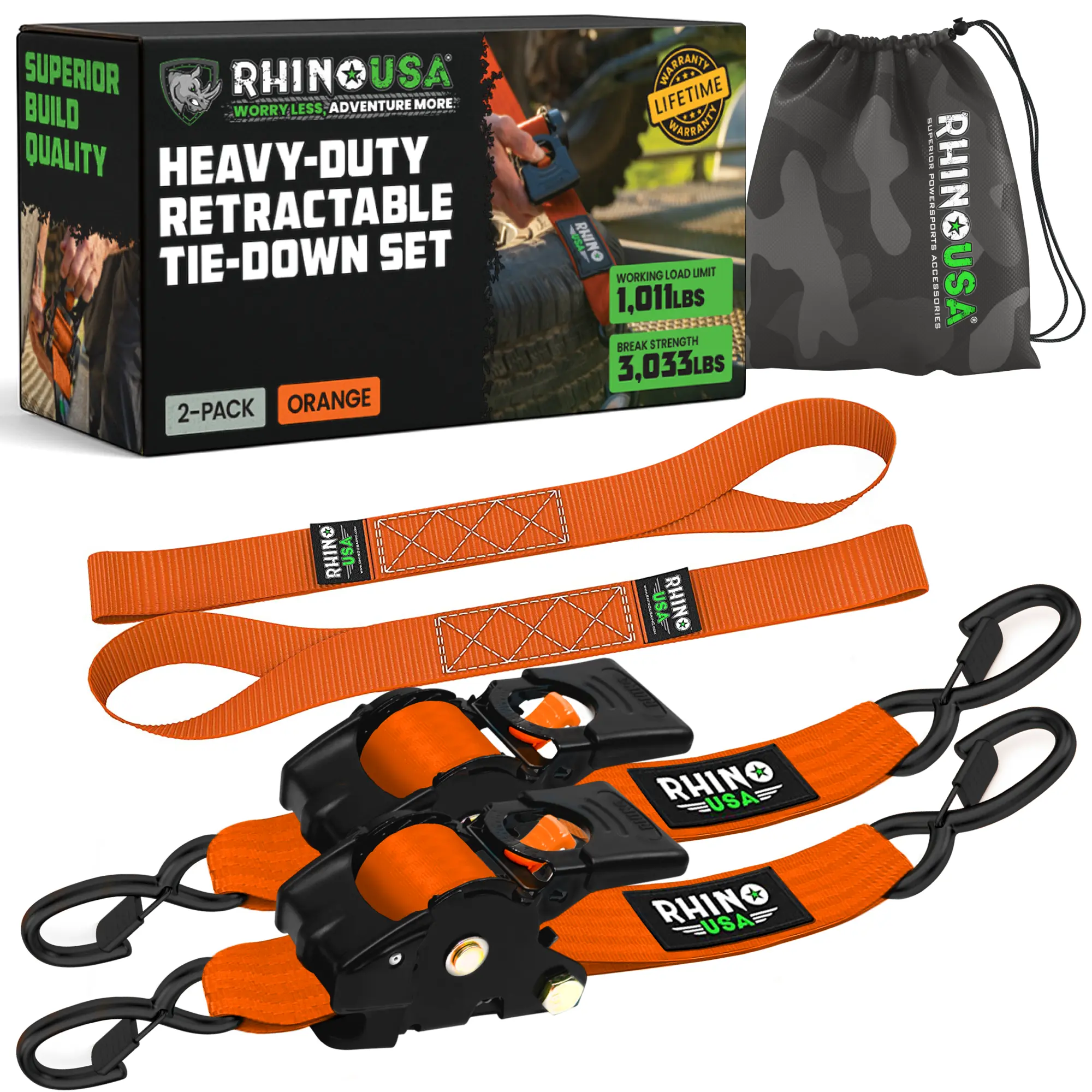 2" x 10' Retractable Ratchet Straps 2- or 4-Pack - (3,033lb Break Strength) - Heavy Duty Self Retracting Tie Down Straps for Truck, Cargo Trailer