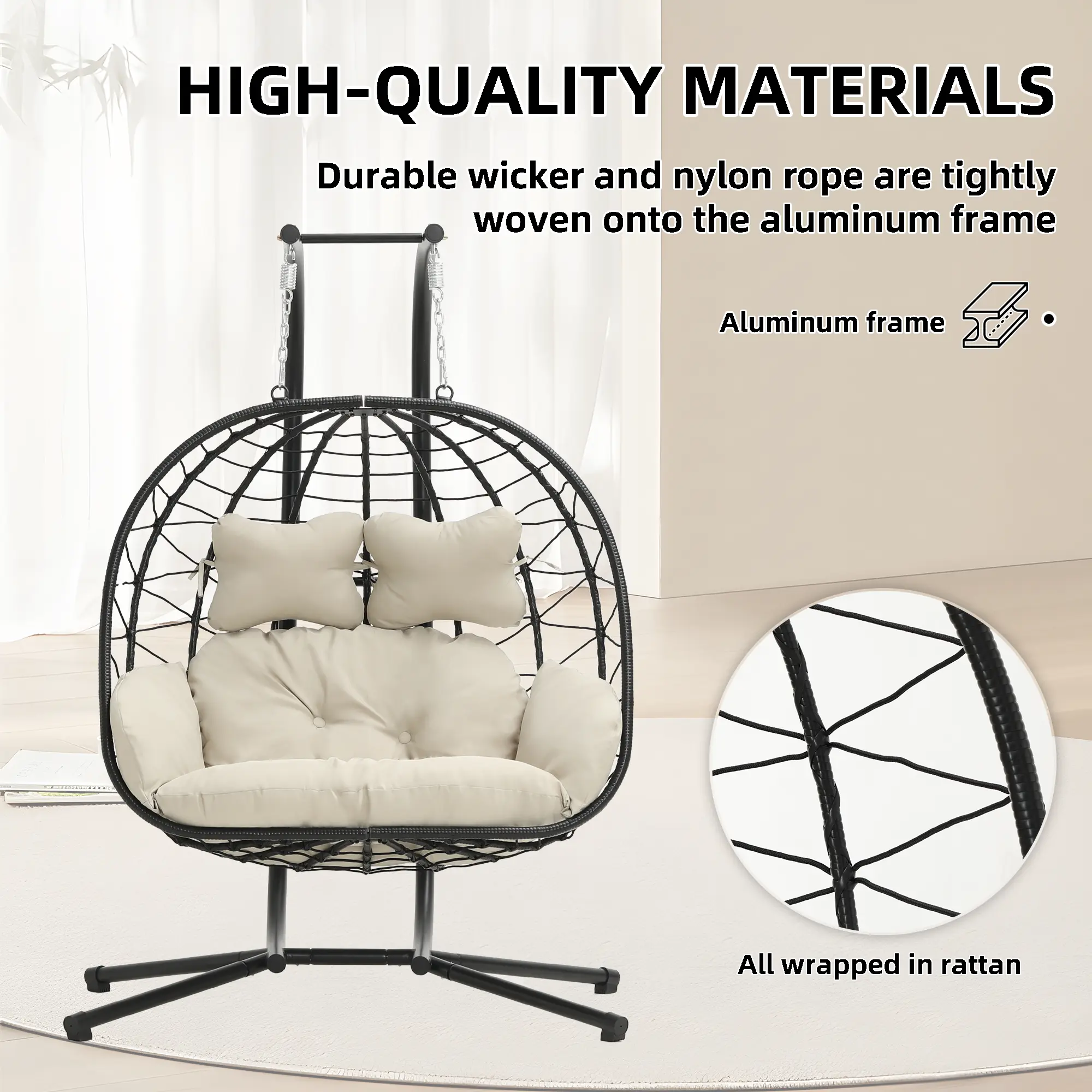 Double Hanging Egg Chair – Foldable Wicker Patio Swing with Cushions, Rust-Resistant Frame & 700 lb Capacity