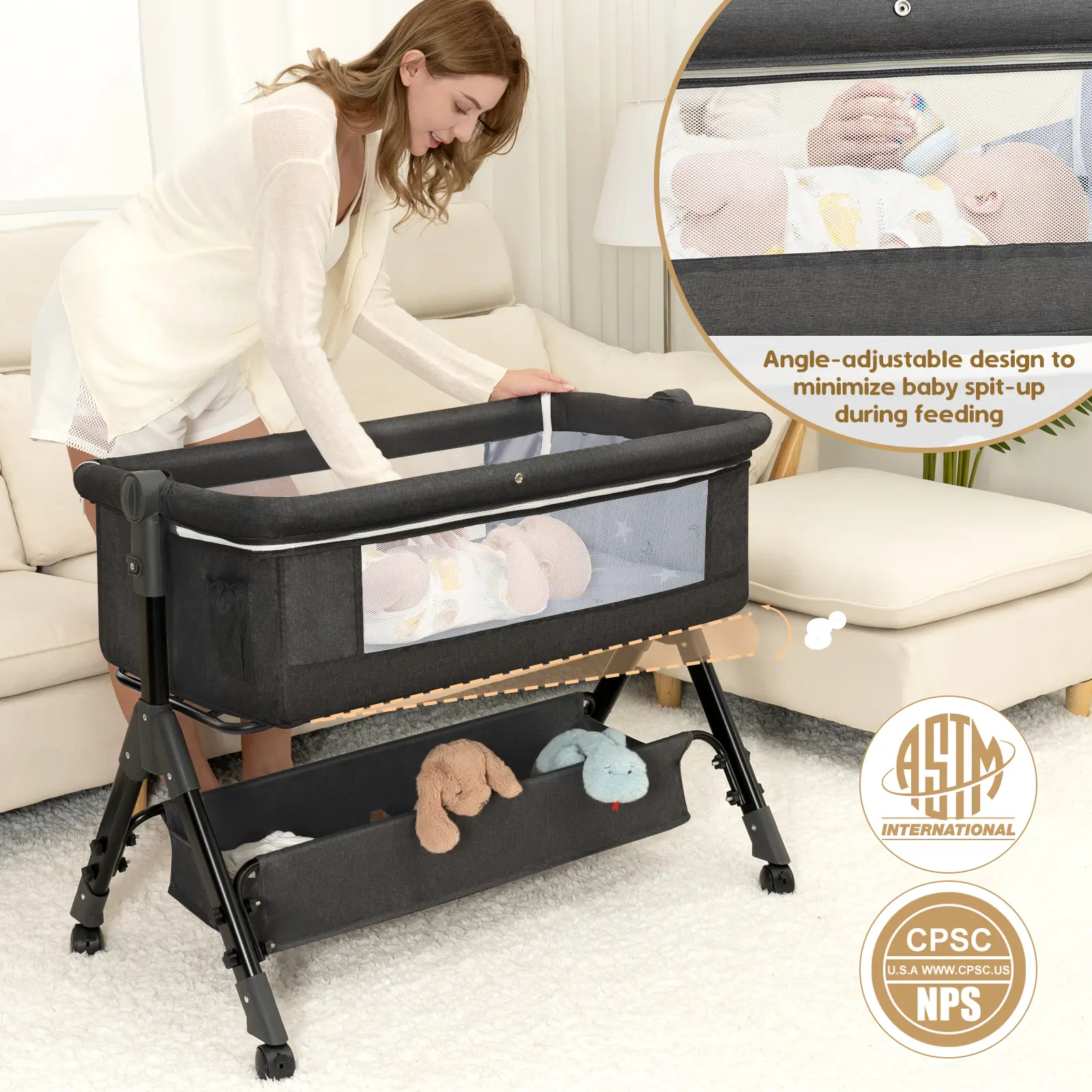 Baby Bassinet, Crib for Infant and Newborn, Bedside Sleeper with Storage Basket and Mosquito Net, Easy to Fold, Height Adjustable, Portable Side Bed Crib portable Baby Furniture