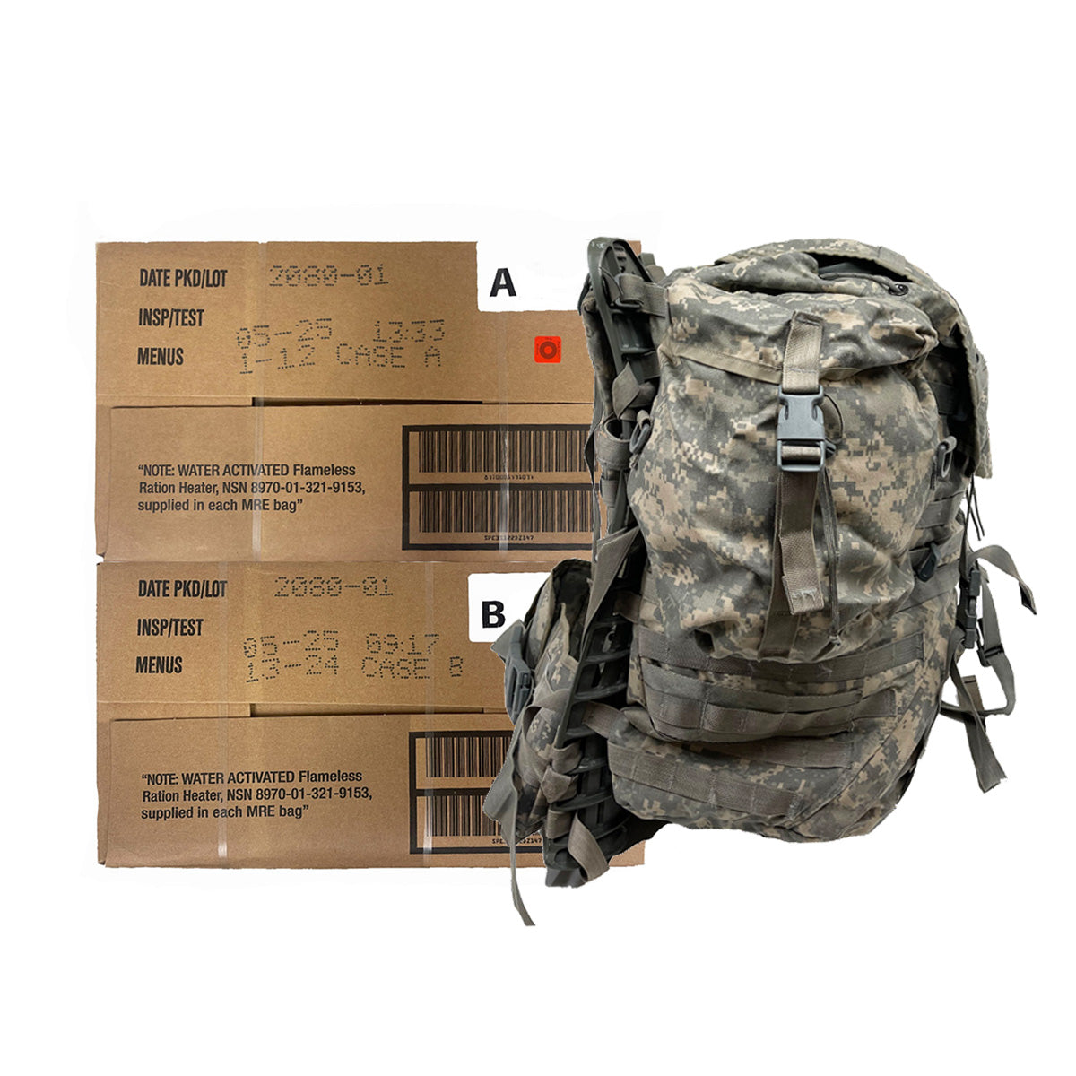 Military MRE Case Inspection Date Dec 2025 or newer with ACU Ruck Sack Combo!