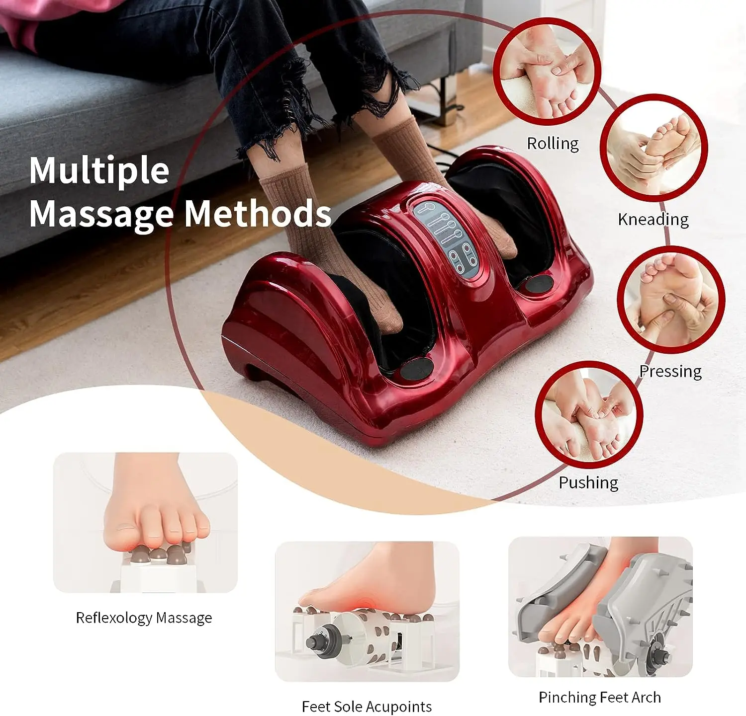 Foot Massager Machine, Deep Kneading Rolling Massage for Feet, Leg Calf Ankle, Electric Massager w/Remote, 4 Massage Modes, Burgundy, Christmas Festival Gift Black Friday Cyber Monday
