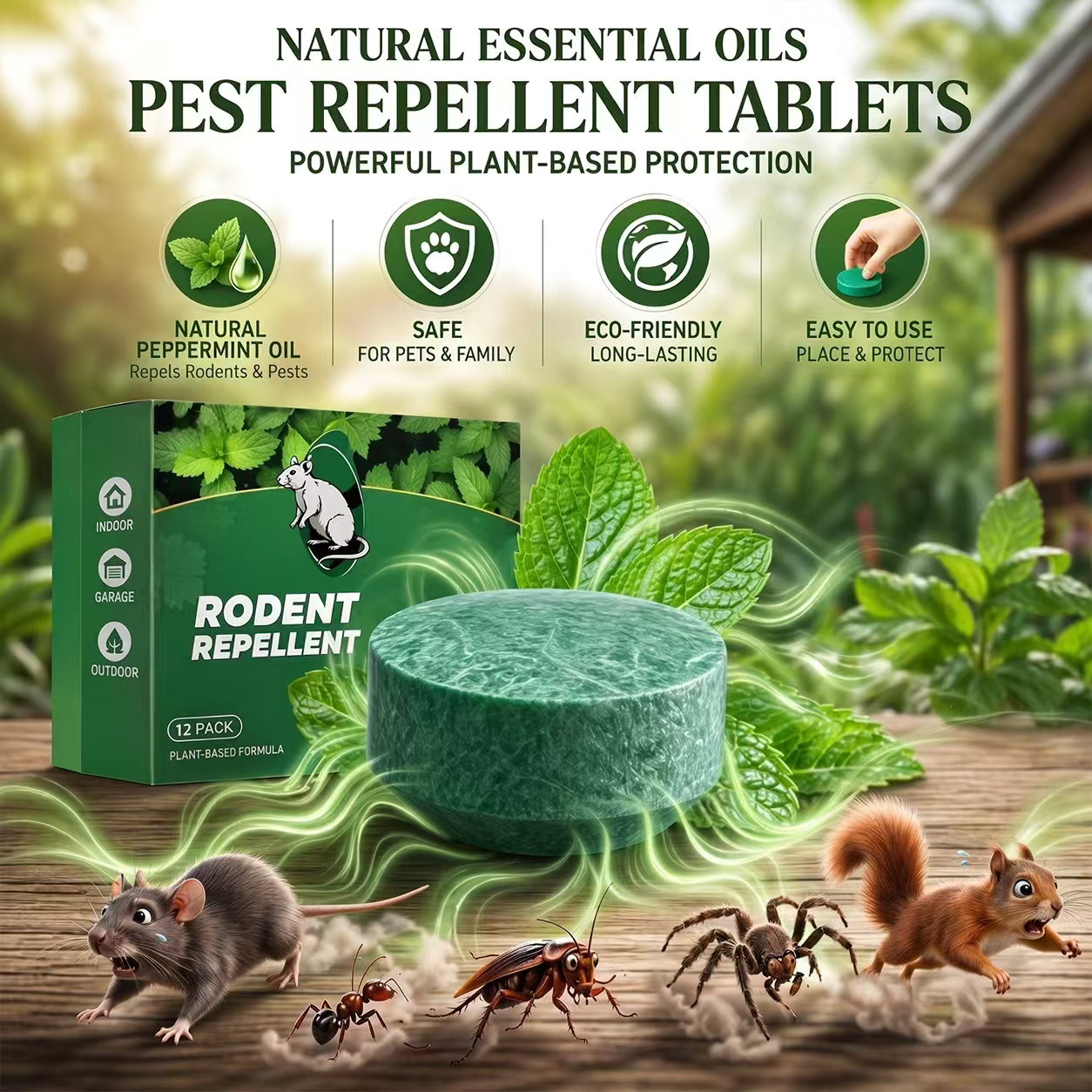 🟢 12 Pack Natural Peppermint Tablets — Protect Attics, Garages & Storage Areas From Unwanted Night Visitors