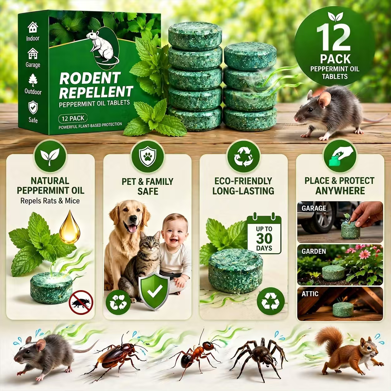 🟢 12 Pack Natural Peppermint Tablets — Protect Attics, Garages & Storage Areas From Unwanted Night Visitors