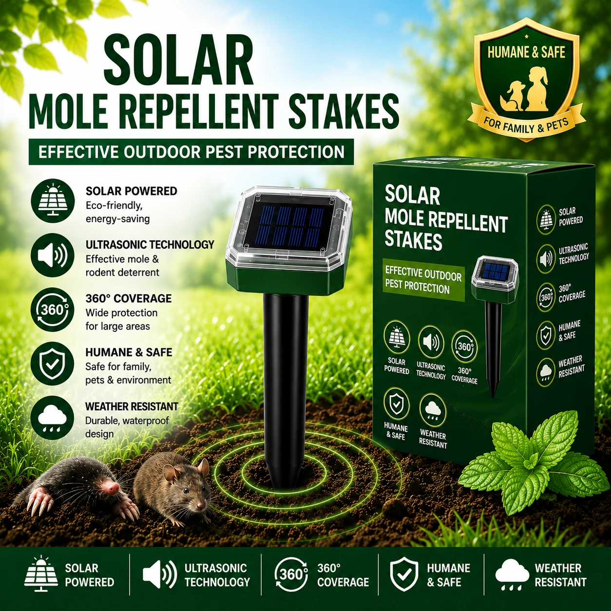 Summer Sale 50% OFF！Solar Powered Waterproof Screw Mole Repellent
