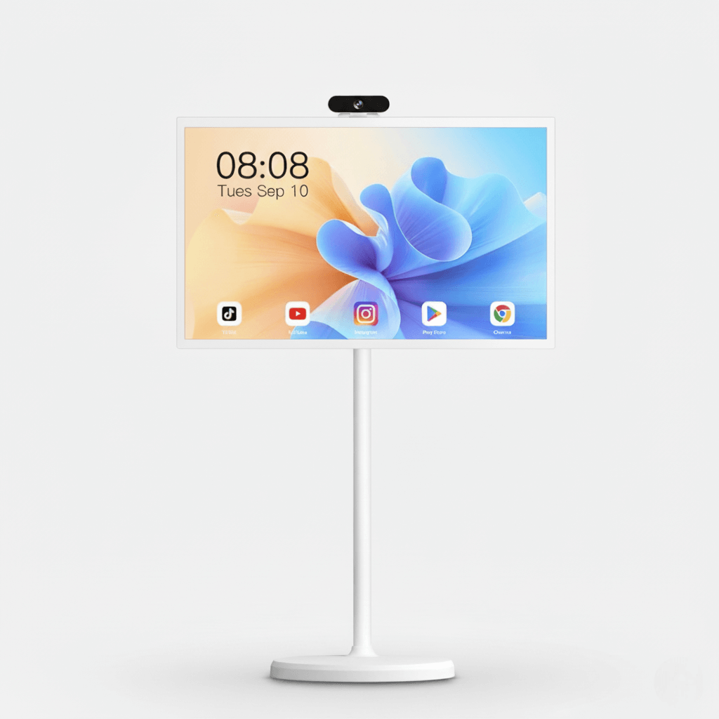32 Inch Mobile Portable TV Stand on Wheels Support Google Store Full Swivel Rotation Portable Touch Screen Monitor Built-in Battery Smart Rolling Tablet TV 4K Camera Remote Control