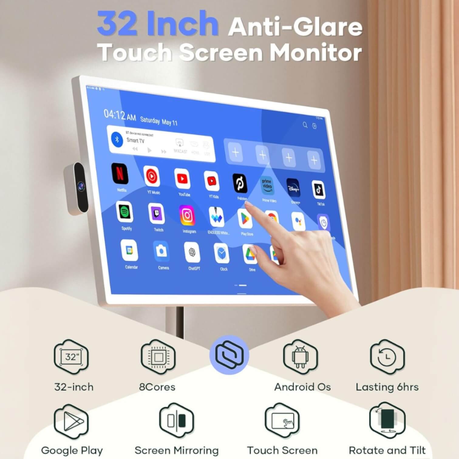 32 Inch Mobile Portable TV Stand on Wheels Support Google Store Full Swivel Rotation Portable Touch Screen Monitor Built-in Battery Smart Rolling Tablet TV 4K Camera Remote Control