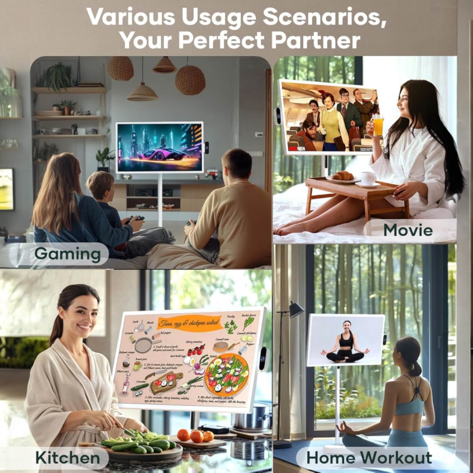 32 Inch Mobile Portable TV Stand on Wheels Support Google Store Full Swivel Rotation Portable Touch Screen Monitor Built-in Battery Smart Rolling Tablet TV 4K Camera Remote Control
