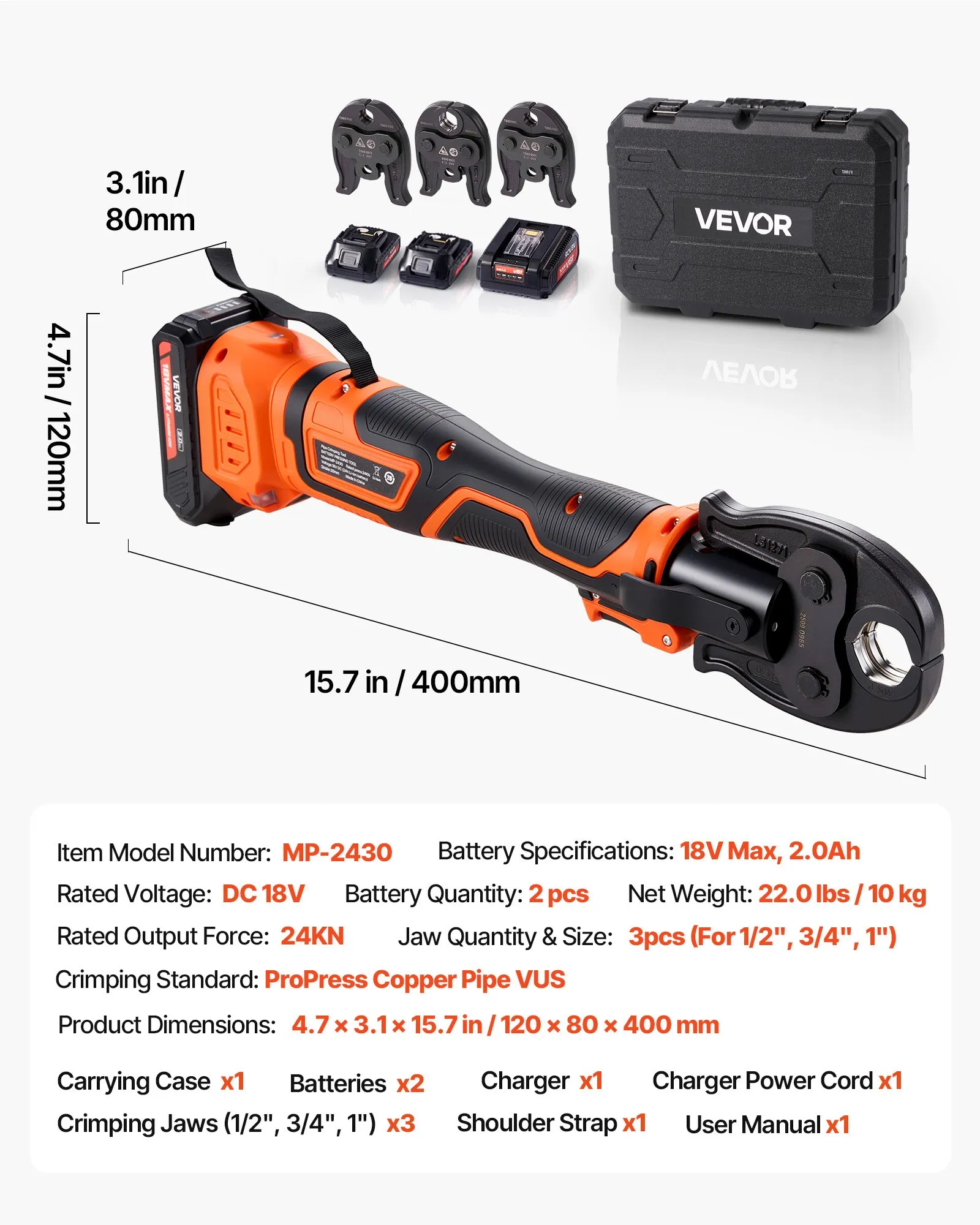 Heavy-Duty 24KN Manual Pipe Press Tool Kit - Leak-Free Copper & PEX Tube Crimping Tool with 3 Jaws & Organizer Pouch (Factory Clearance)