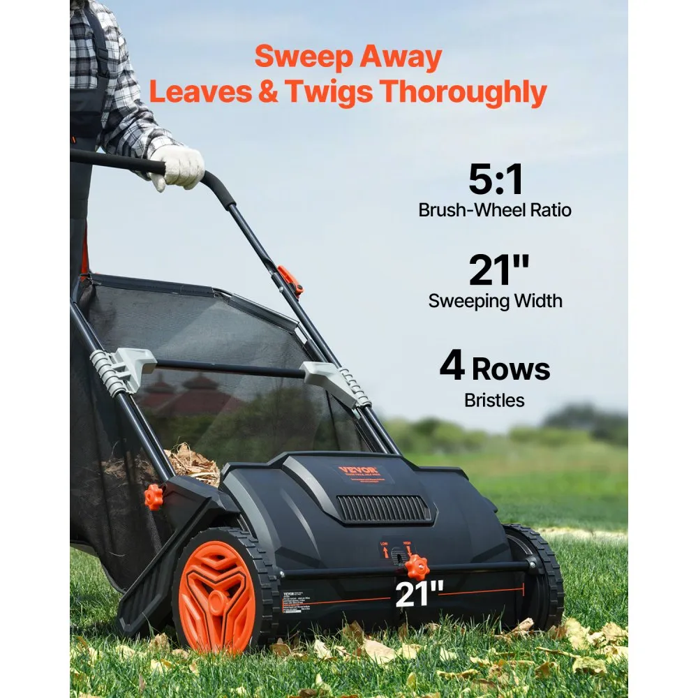 Push Lawn Sweeper, 21inch Leaf & Grass Collector, 2 Spinning Brushes