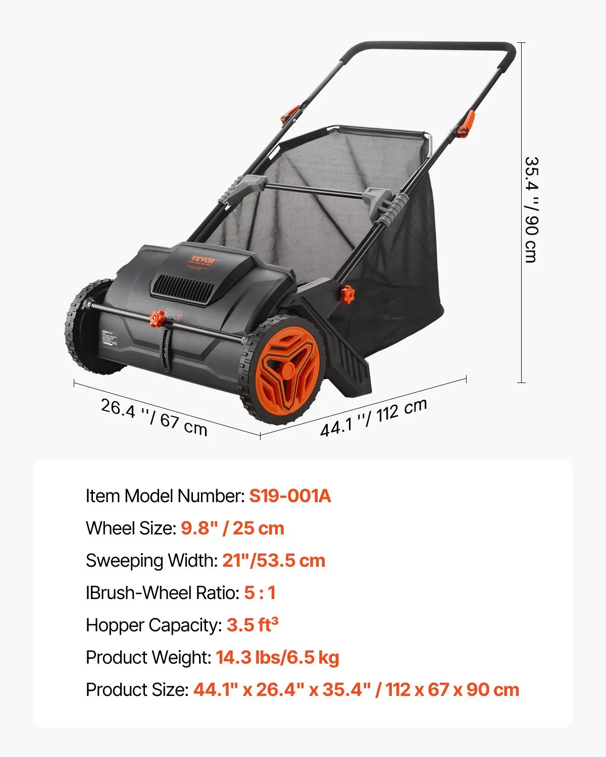 Push Lawn Sweeper, 21inch Leaf & Grass Collector, 2 Spinning Brushes