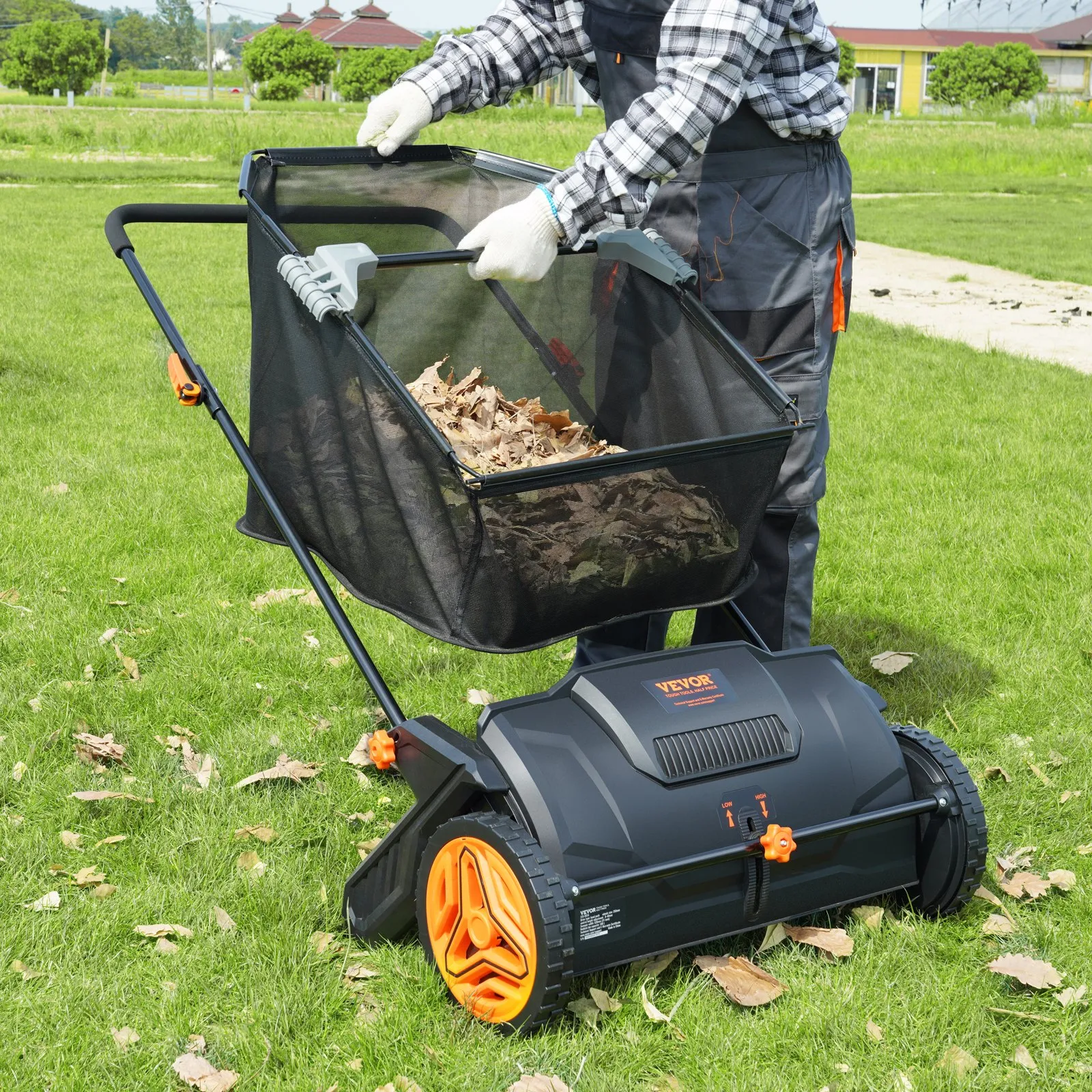 Push Lawn Sweeper, 21inch Leaf & Grass Collector, 2 Spinning Brushes