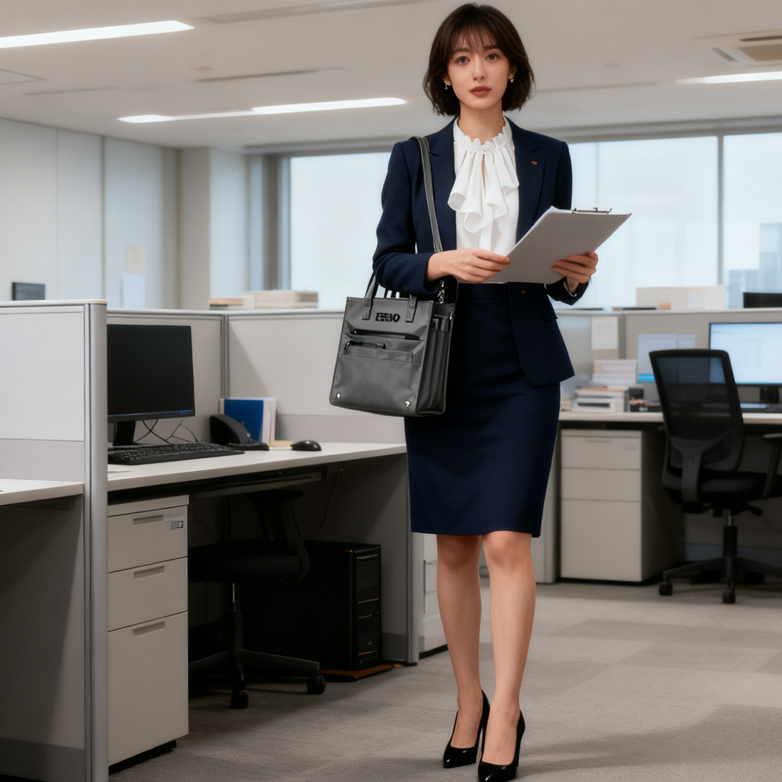 ZEENOO Multi-compartment Black Tote Bag for Business Commute, Large Capacity Work Organizer Bag