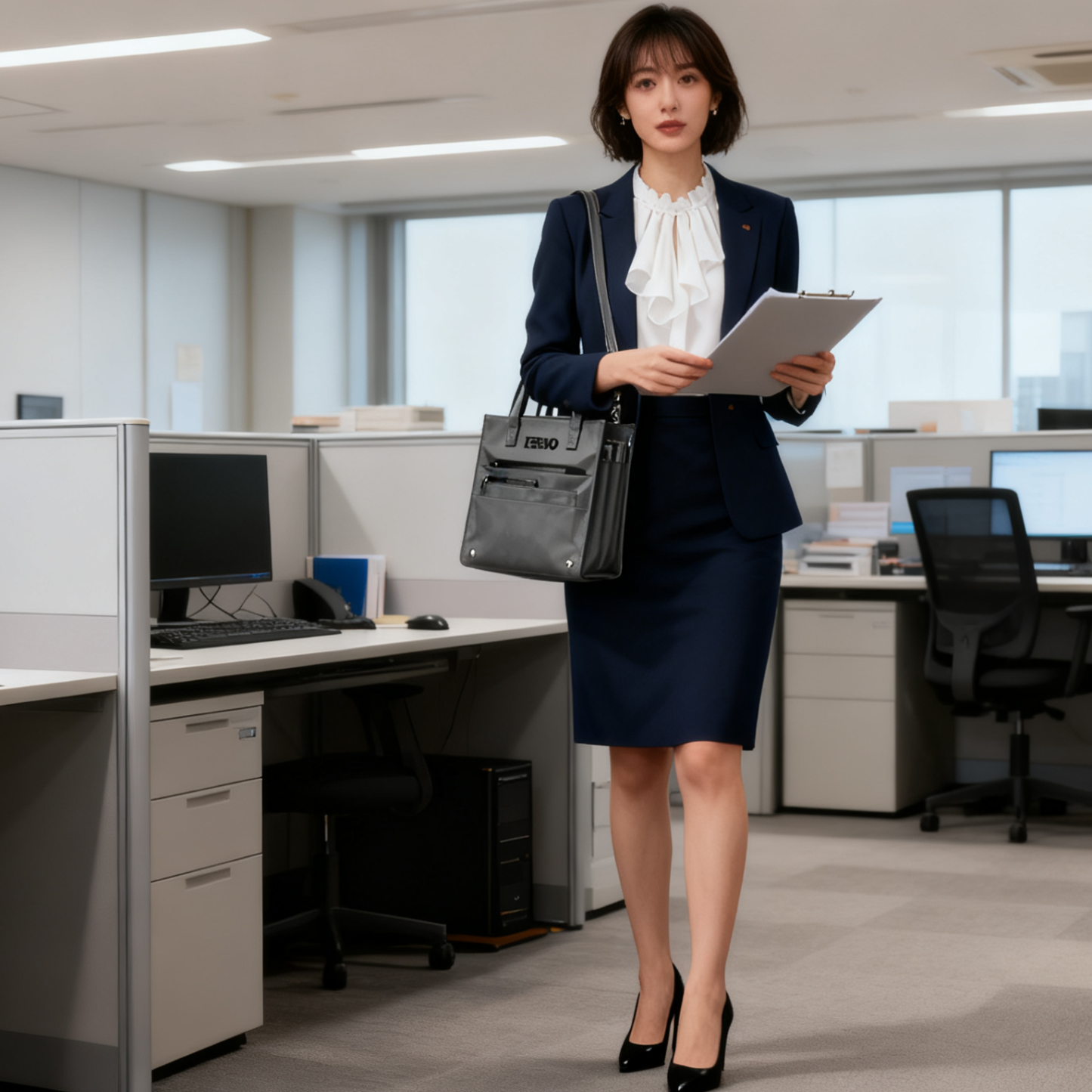 ZEENOO Multi-compartment Black Tote Bag for Business Commute, Large Capacity Work Organizer Bag