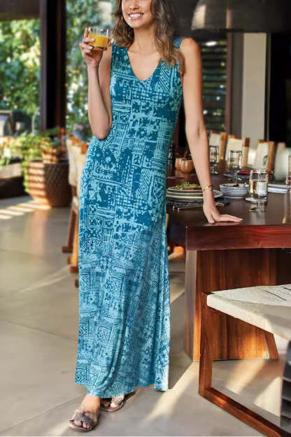 Printed Splicing Boho Vintage Boho Dress Blue / S