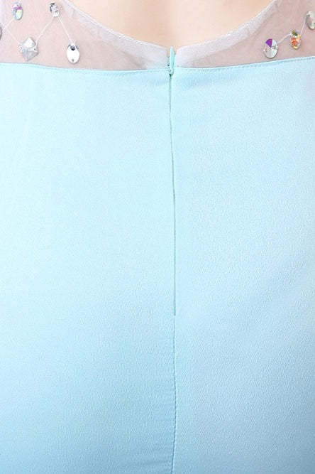 Sheer Blue Deep V Neck Maxi Party Dress