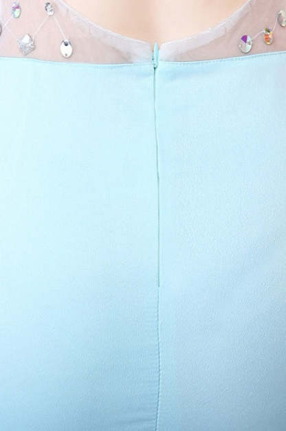 Sheer Blue Deep V Neck Maxi Party Dress