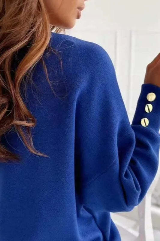 V Neck Button Knit Pullover Sweater Blue / S