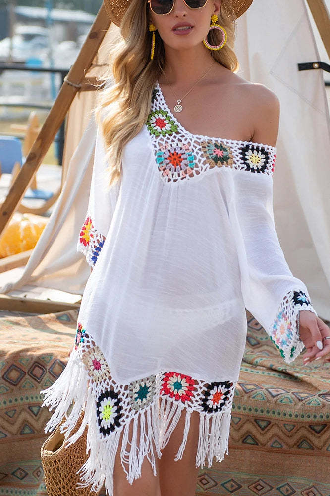 White Fringe Trim Boho Dress White / one size