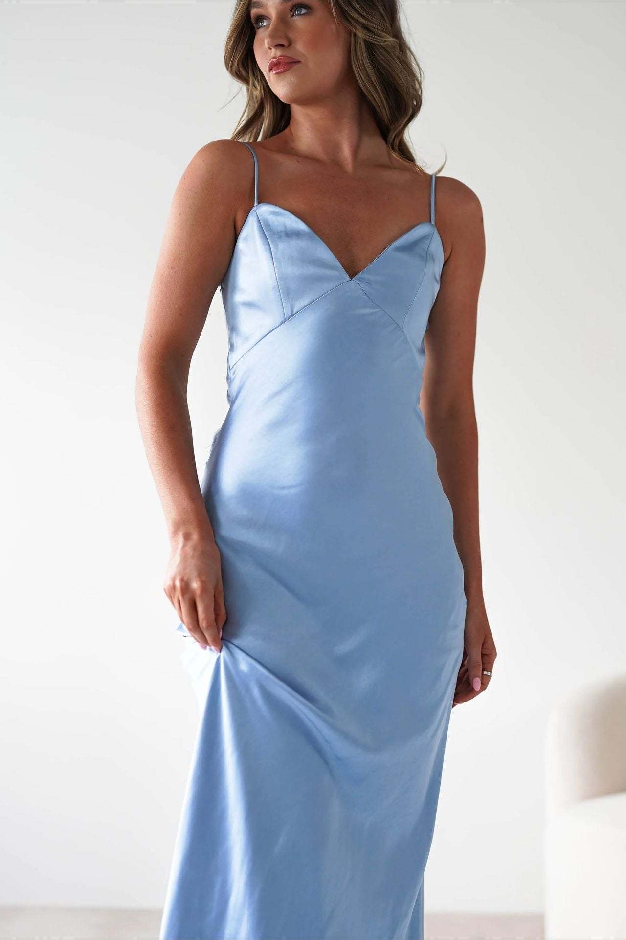 Satin Backless Tie Party Dress S / Blue