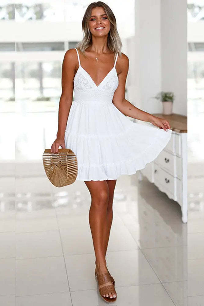 White Spaghetti Strap Mini Boho Dress