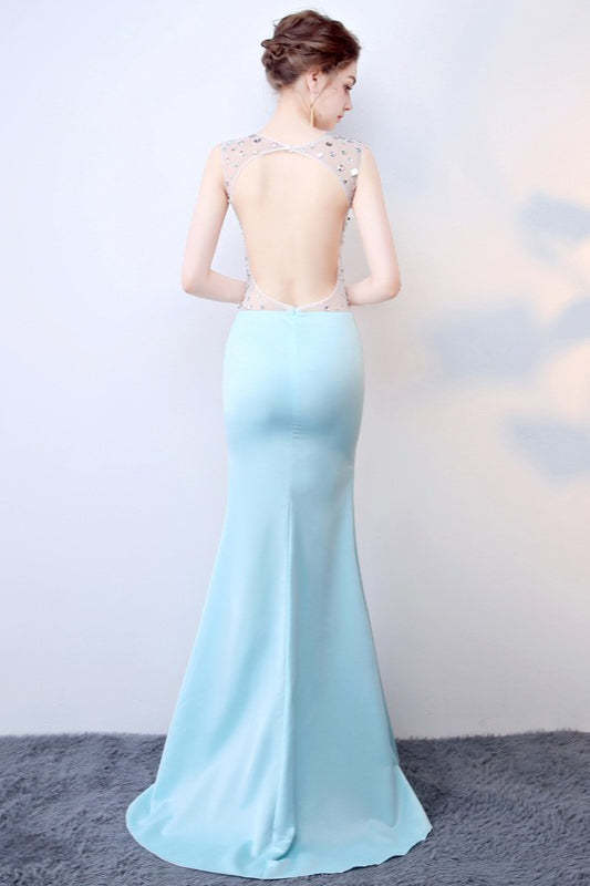 Sheer Blue Deep V Neck Maxi Party Dress