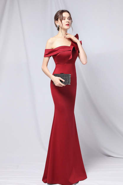 Off Shoulder Mermaid Maxi Party Dress Claret / S