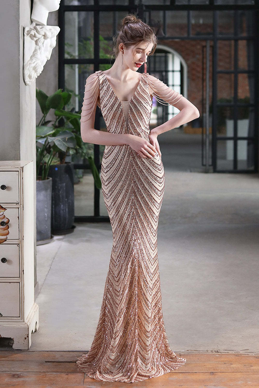Elegant Sequin Mermaid Party Dress Gold / S