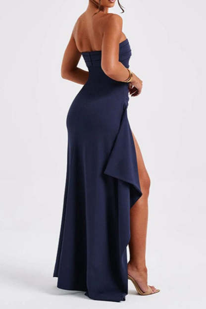 Sexy Strapless Slit Evening Party Dress S / Navy blue