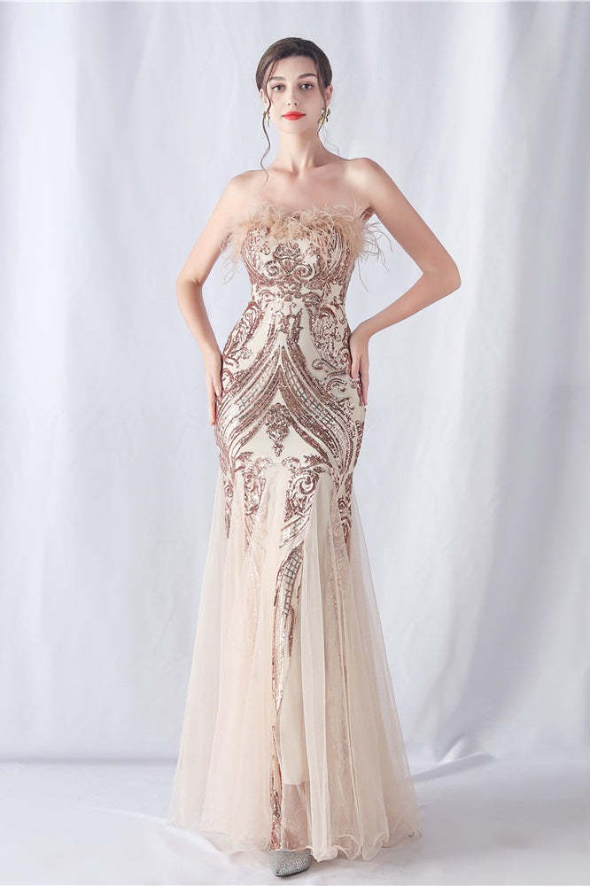 Ostrich Feather Sequin Evening Party Dress