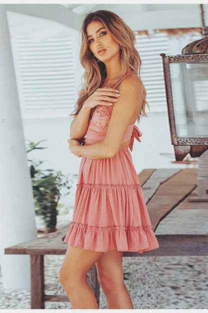 White Spaghetti Strap Mini Boho Dress Pink / S