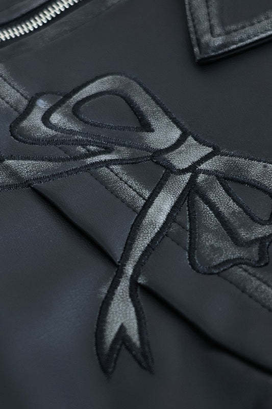 Bow Decor Faux Leather Moto Jacket