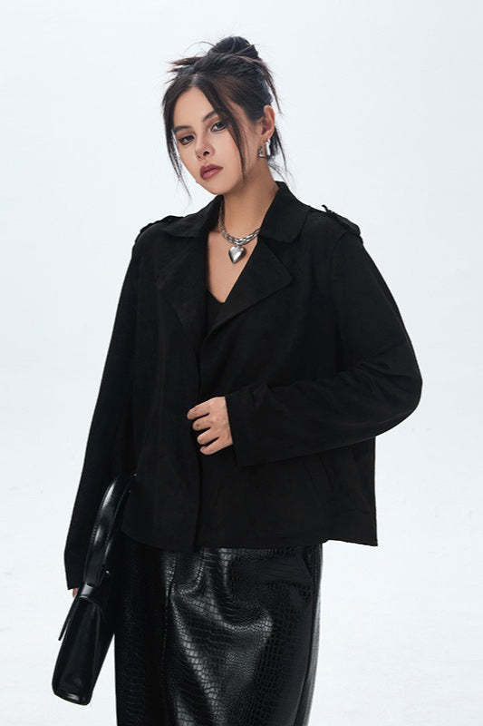 Suede Open Front Biker Jacket Black / One Size