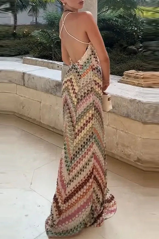 Contrast Color V Neck Boho Dress