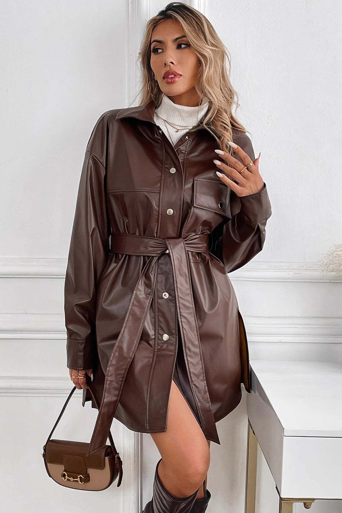 Mid Length Windproof PU Belted Coat coats