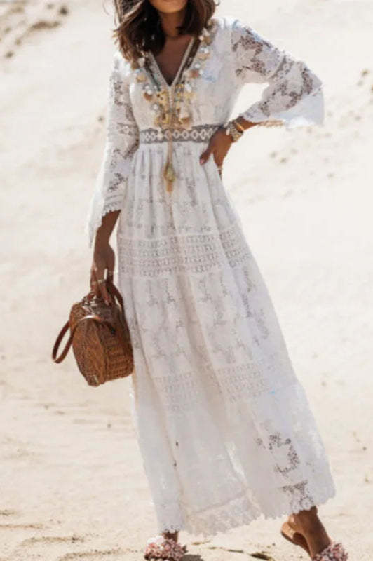 Lace V Neck Hollow Boho Dress White / S