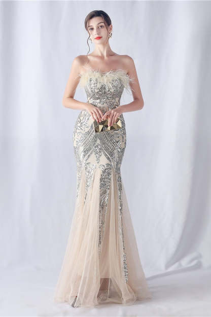 Ostrich Feather Sequin Evening Party Dress