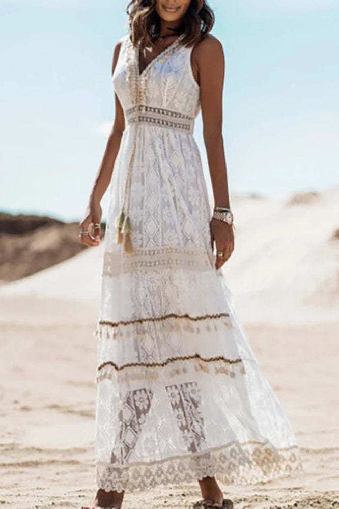 Lace V Neck Hollow Boho Dress