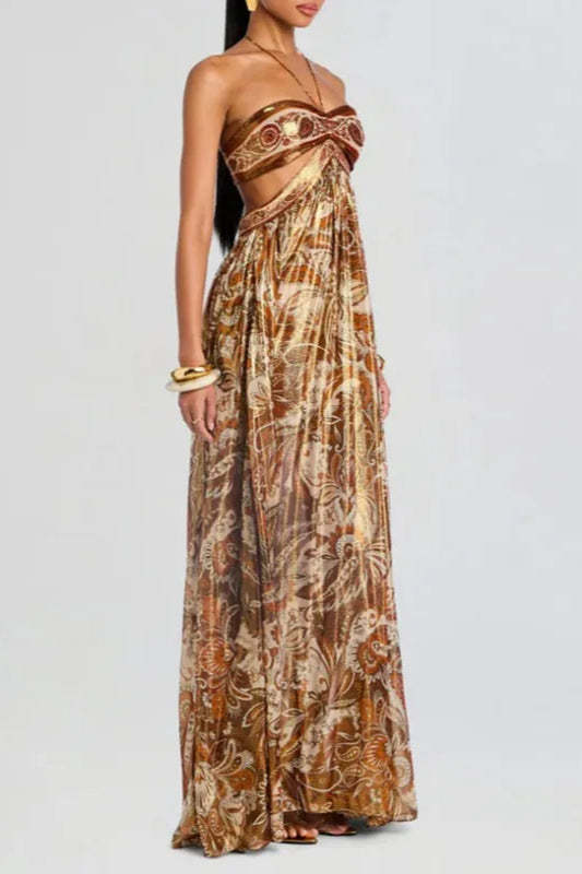 Strapless Lace Up Pleated Boho Dress