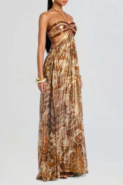 Strapless Lace Up Pleated Boho Dress