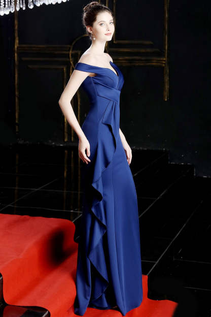 Slit Off Shoulder Mermaid Maxi Party Dress Blue / S