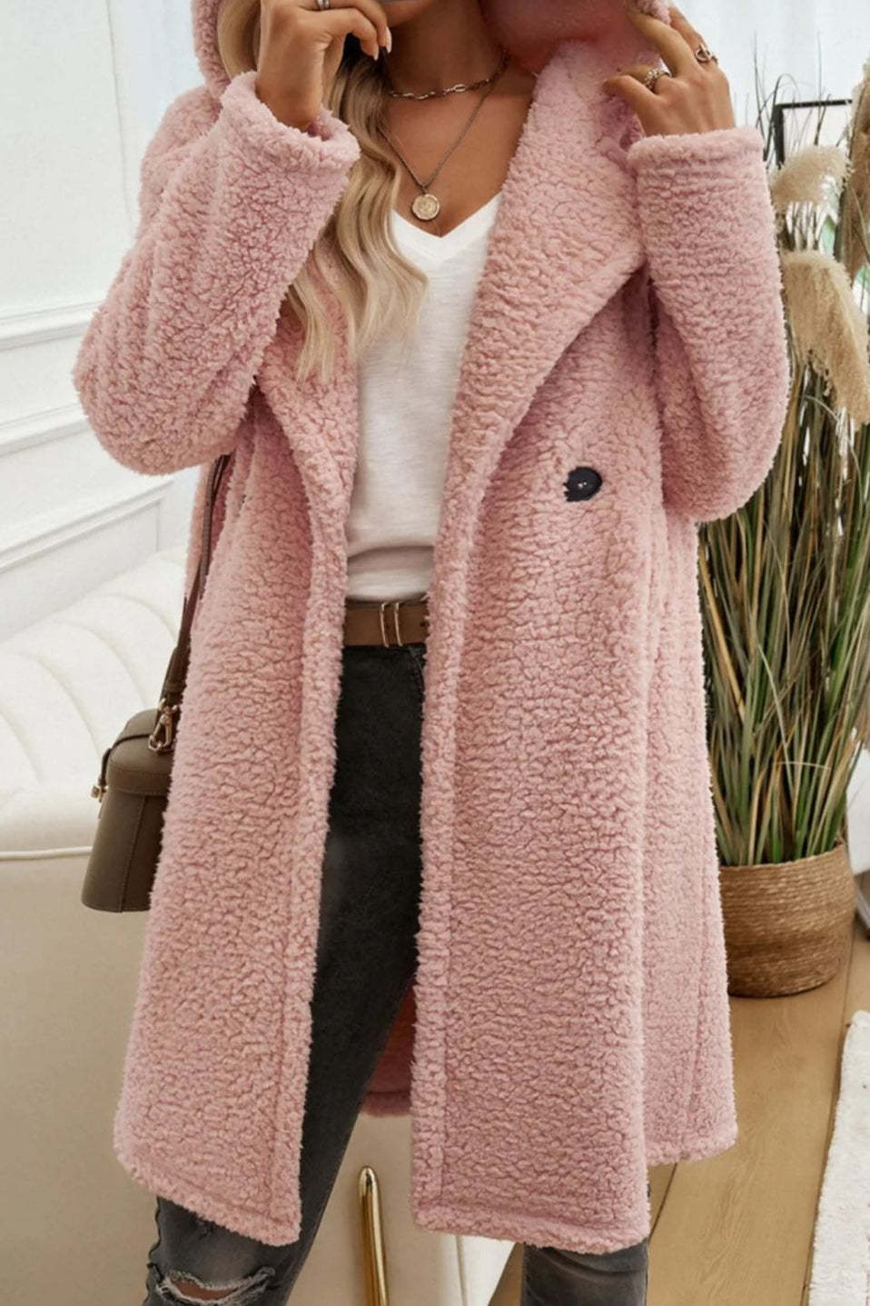 Mid Length Fuzzy Lapel Coat coats