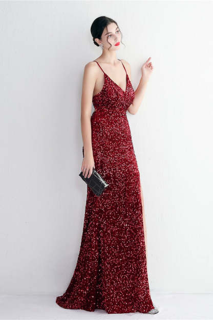 Elegant Velvet Sequin Party Dress Red / S